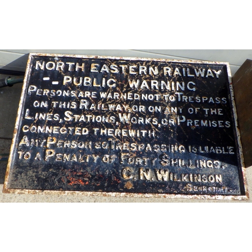 815 - A cast iron North Eastern Railway warning sign, 91cm x 61cm