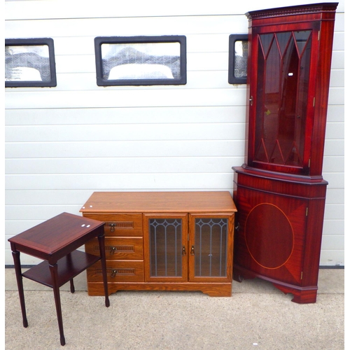 831 - A corner cabinet, missing shelf, entertainment cabinet and an occasional table (3)