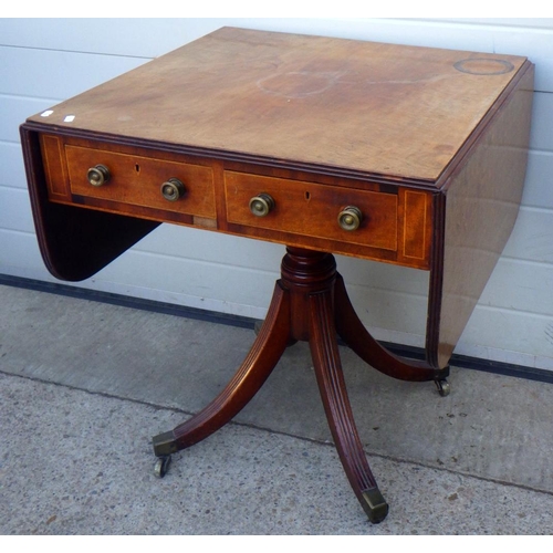 834 - A mahogany drop leaf table with two drawers on outswept legs, 68cm wide, top marked
Sold on behalf o... 