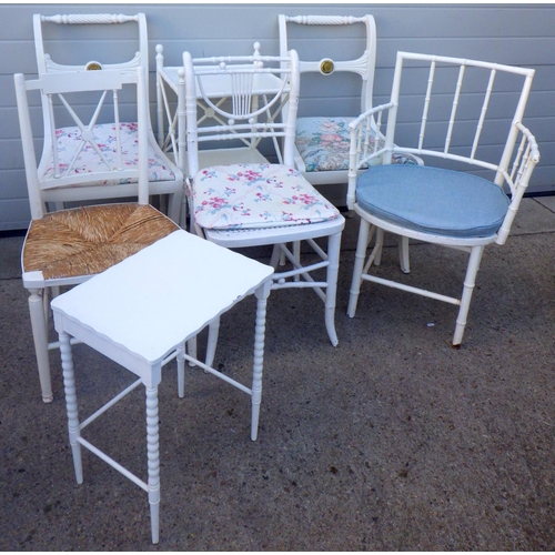 836 - Five white painted side chairs and two occasional tables (7) (a/f)
Sold on behalf of the Terry famil... 