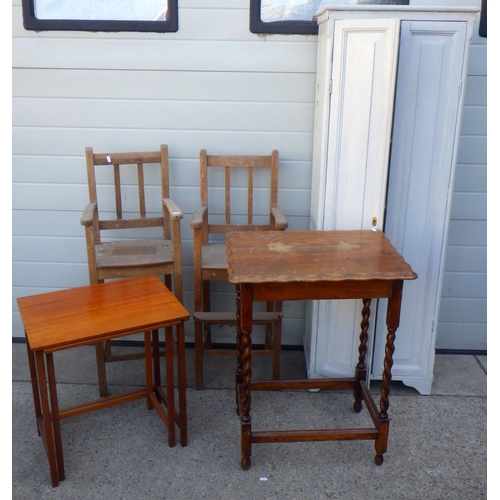 837 - A narrow painted cupboard, 53cm wide together with two high chairs, a barleytwist occasional table a... 