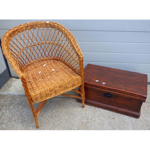 864 - A Victorian tool box together with a wicker tub chair (2)