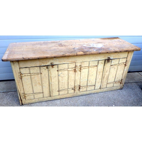 866 - A painted pine workshop cupboard with scrub top, 184cm wide