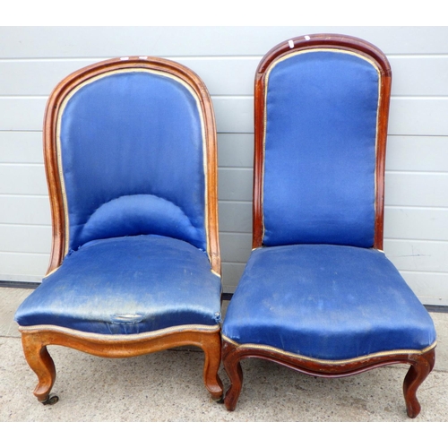 890 - Two 19th cen blue upholstered nursing chairs on cabriole legs (a/f)