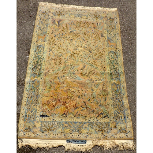 898 - A blue/beige ground rug with birds & animals 183cm x 105cm (a/f)
Sold on behalf of the Terry family ... 