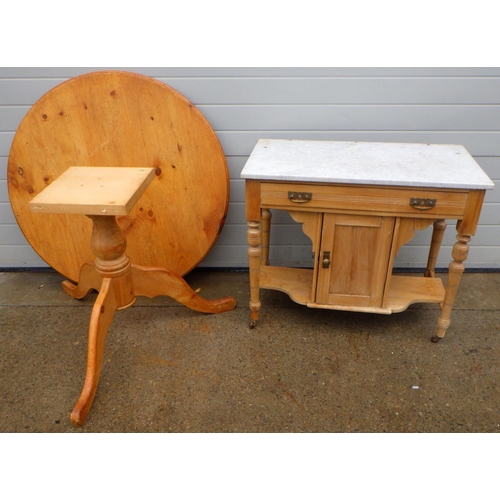 914 - A late Victorian stripped washstand with marble top, 91cm wide missing back, together with a circula... 