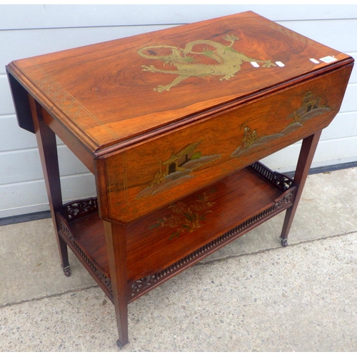 823 - An Edwardian rosewood drop leaf occasional table with chinoiserie decoration, 72cm long