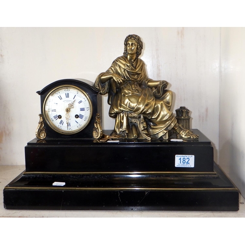 182 - A French marble clock with seated Roman figure, Martin Baskett Paris 46cm x 36cm AF