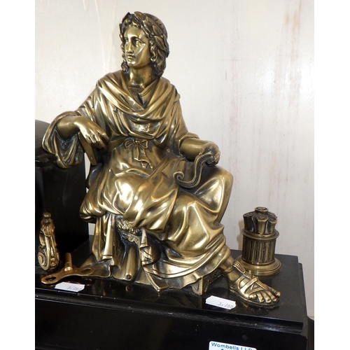 182 - A French marble clock with seated Roman figure, Martin Baskett Paris 46cm x 36cm AF