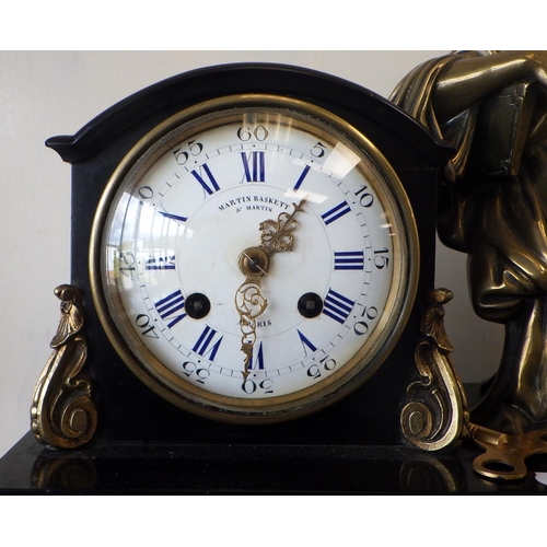 182 - A French marble clock with seated Roman figure, Martin Baskett Paris 46cm x 36cm AF