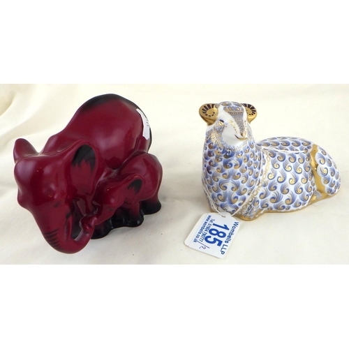 185 - Royal Doulton Flambe Elephant & Young 9cm tall together with a Royal Crown Derby (silver) ram paperw... 