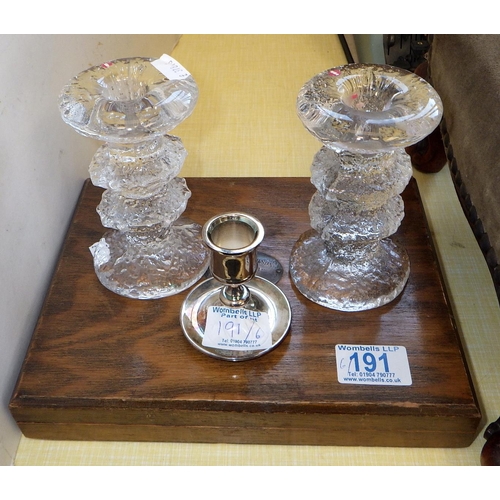 191 - A small Victorian stool, Olivetti typewriter, a pair of Finnish glass candlesticks a small plated ca... 