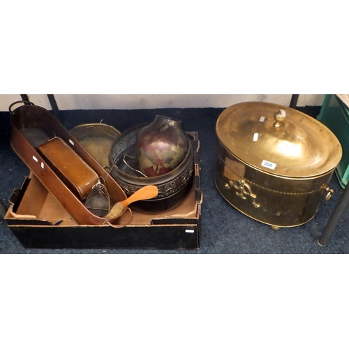 200 - An Edwardian brass coal box together with further metal wares