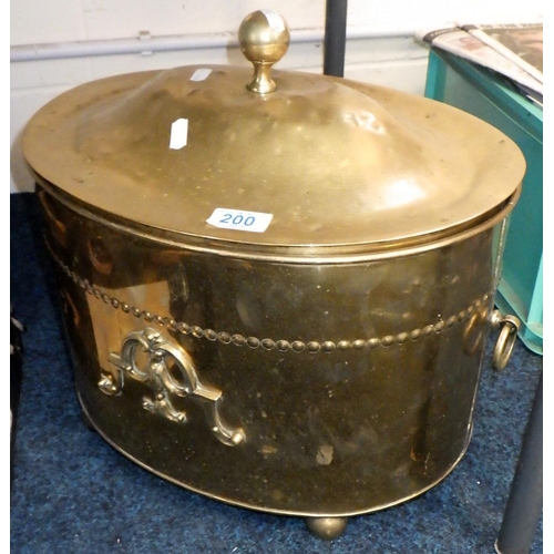 200 - An Edwardian brass coal box together with further metal wares