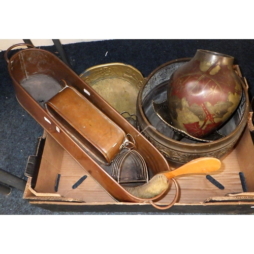 200 - An Edwardian brass coal box together with further metal wares