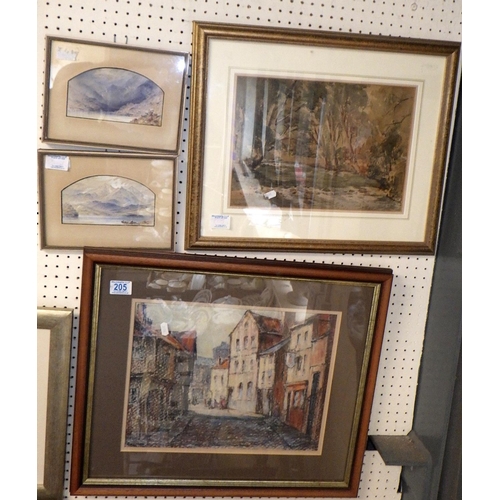 205 - A pair of small lakeland watercolours together with a further watercolour and a street scene pastel ... 