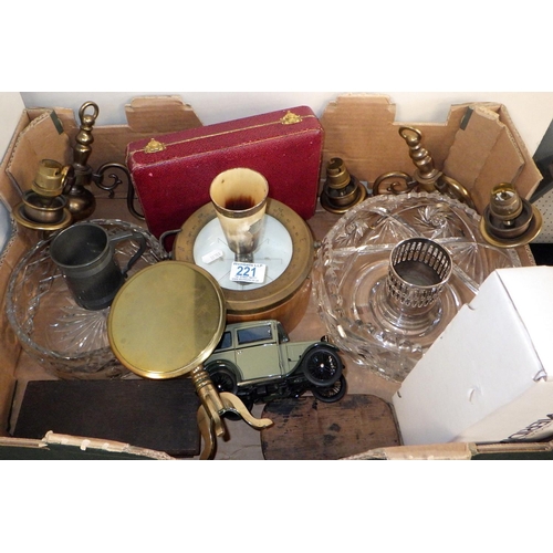 221 - A ship's compass together with misc collectables to inc glass bowls, silver mounted horn beaker, bra... 