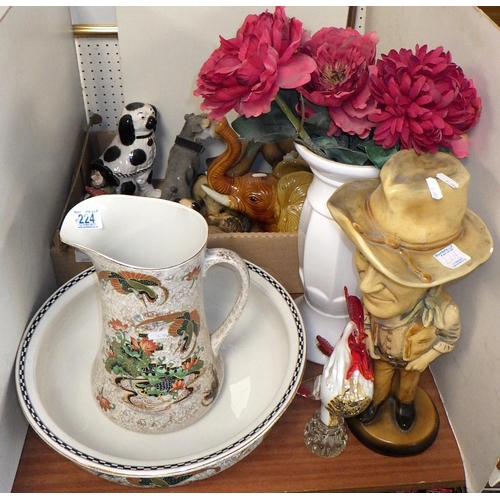 224 - A qty of misc animals together with a John Wayne figure, glass cockerel and a jug & bowl AF