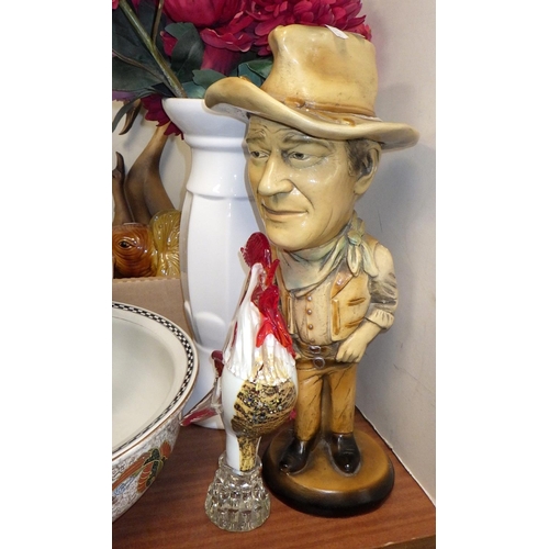 224 - A qty of misc animals together with a John Wayne figure, glass cockerel and a jug & bowl AF