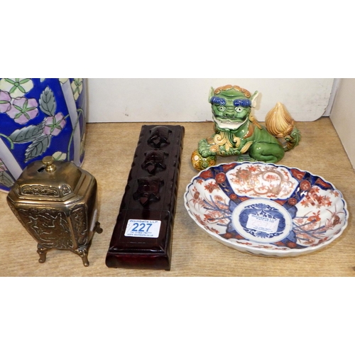 227 - An oval scalloped Japanese bowl together with a large Oriental vase, small dog of foo, chopstick box... 