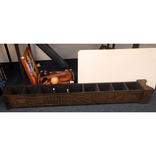 229 - A box of misc treen, carved panel and a narrow shelf (3)