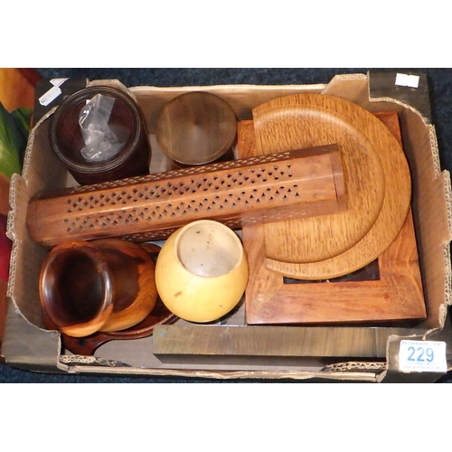 229 - A box of misc treen, carved panel and a narrow shelf (3)