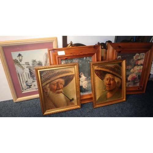 238 - Three lamps, prints, books etc