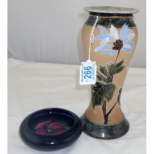 266 - A Floral Royal Doulton stoneware vase signed EP 23cm tall together with a small Moorcroft bowl 11cm ... 