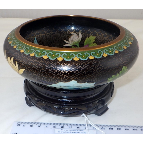 268 - A cloisoone bowl on an hardwood stand 11cm tall