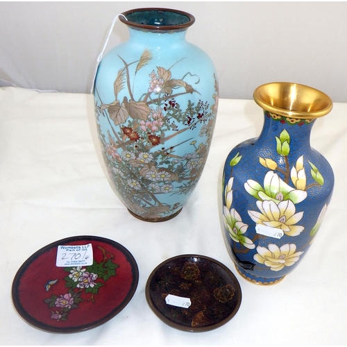 270 - An egg blue cloisoone floral vase together with a further vase and two small plates (4)