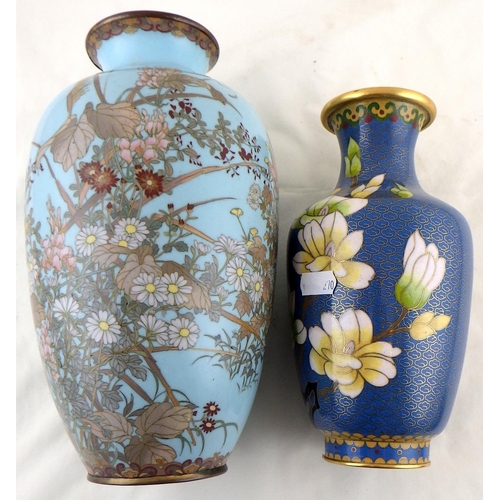 270 - An egg blue cloisoone floral vase together with a further vase and two small plates (4)