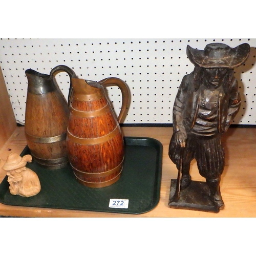 272 - A wooden figure, two jugs and a small bust