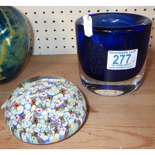 277 - A group of Art glass to inc an Orrefors blue glass vase, Millifori paperweight etc (7)