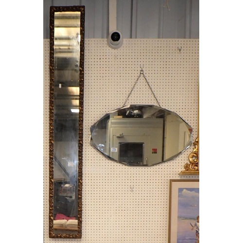 278 - A narrow gilt framed mirror together with a frameless mirror & misc prints (3)