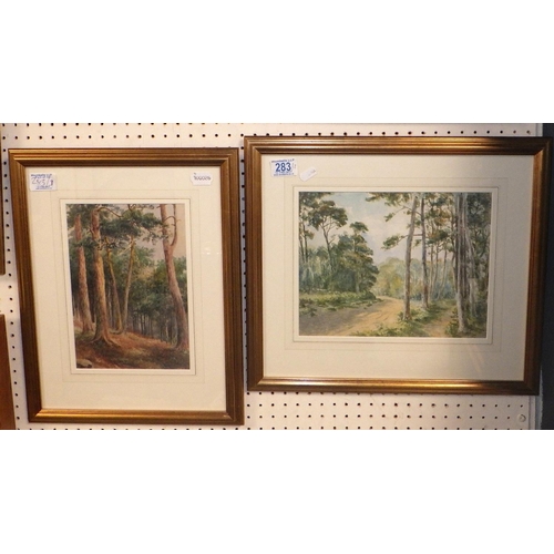 283 - Two woodland watercolours, one signed R W Bayle, and a large harbour scene watercolour signed Tenamc... 