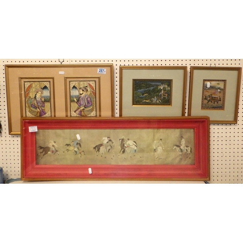 287 - Three Indian framed prints together with an Oriental framed picture of men playing (4)