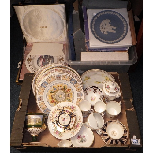 353 - Two boxes misc ceramics to inc Spode commemorative plates, Worcester urn etc