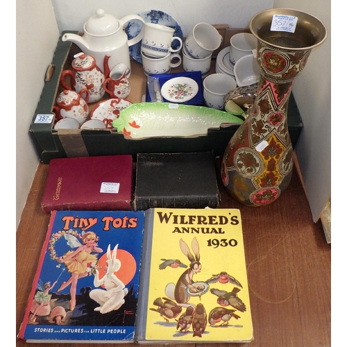 357 - A qty of misc ceramics, Oriental tea ware together with a brass vase and four books etc