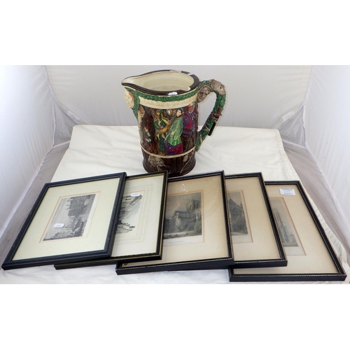 360 - A large Royal Doulton Shakespeare jug AS FOUND together with five prints