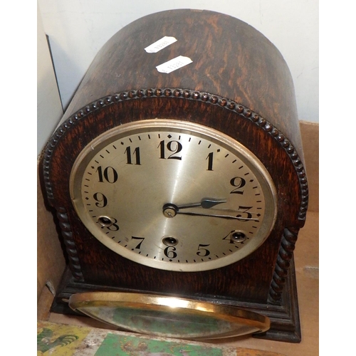 361 - An oak cased Westminster chime mantle clock together with a set of scales, pad locks, bottle etc