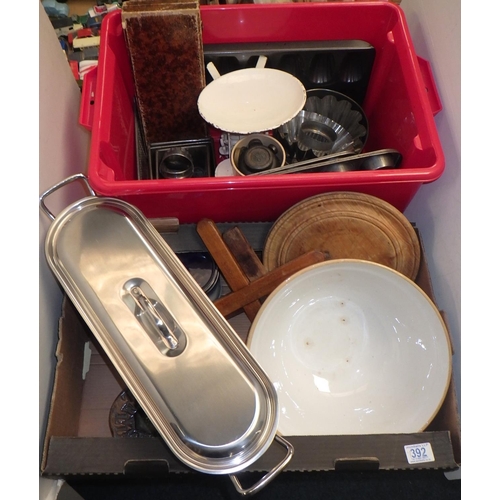 392 - Two boxes of kitchenalia to inc scales, baking trays, mixing bowl etc (2)