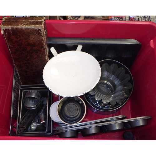 392 - Two boxes of kitchenalia to inc scales, baking trays, mixing bowl etc (2)