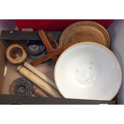 392 - Two boxes of kitchenalia to inc scales, baking trays, mixing bowl etc (2)