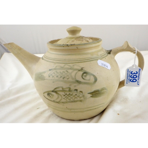 A Michael Cardew For Kingwood Pottery, Studio Pottery Teapot decorated with fish 27cm wide 16cm high. small flea bites to tip of spout, firing marks on the spout, crazed interior, stamped to the base CM & K