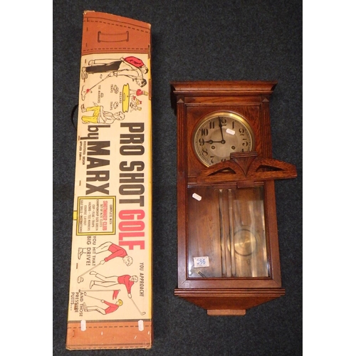 386 - An oak cased wall clock af together with a vintage Pro Shot golf game, T Cuneo signed print etc (qty... 