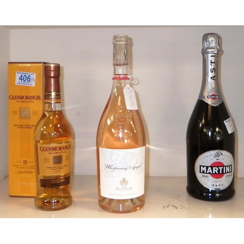 406 - A 35cl bottle of Glenmorangie together with a bottle of Whispering Angel & Asti Martini (3)