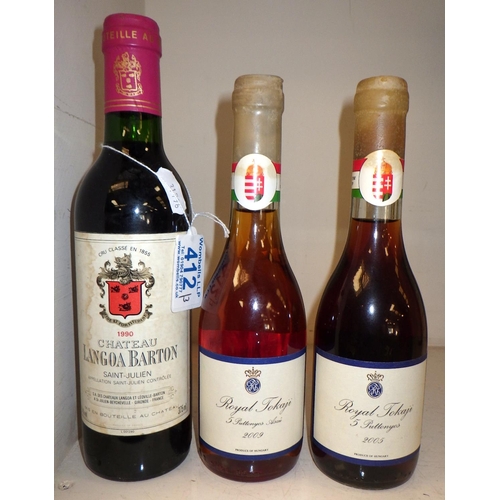 412 - A 375ML 1990 Chateau Langoa Barton together with two Royal Tokaji 2005 & 2009 (3)