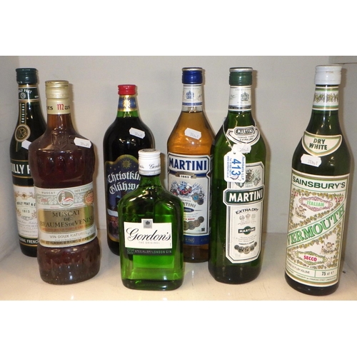 413 - A group of 7 botlles to inc 35cl Gordons Gin, Martini etc (7)