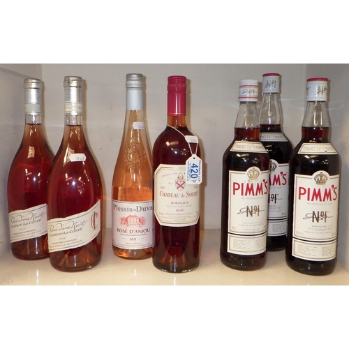 420 - Three bottles of Pimm's together with four various rose wines (7)