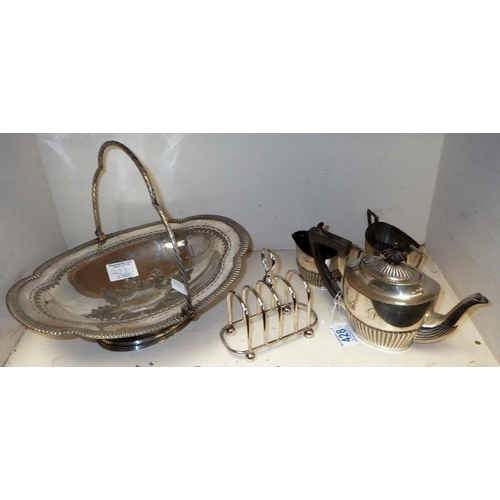 428 - A silver plated Walker & Hall bachelors tea set together with a toast rack and a basket (5)